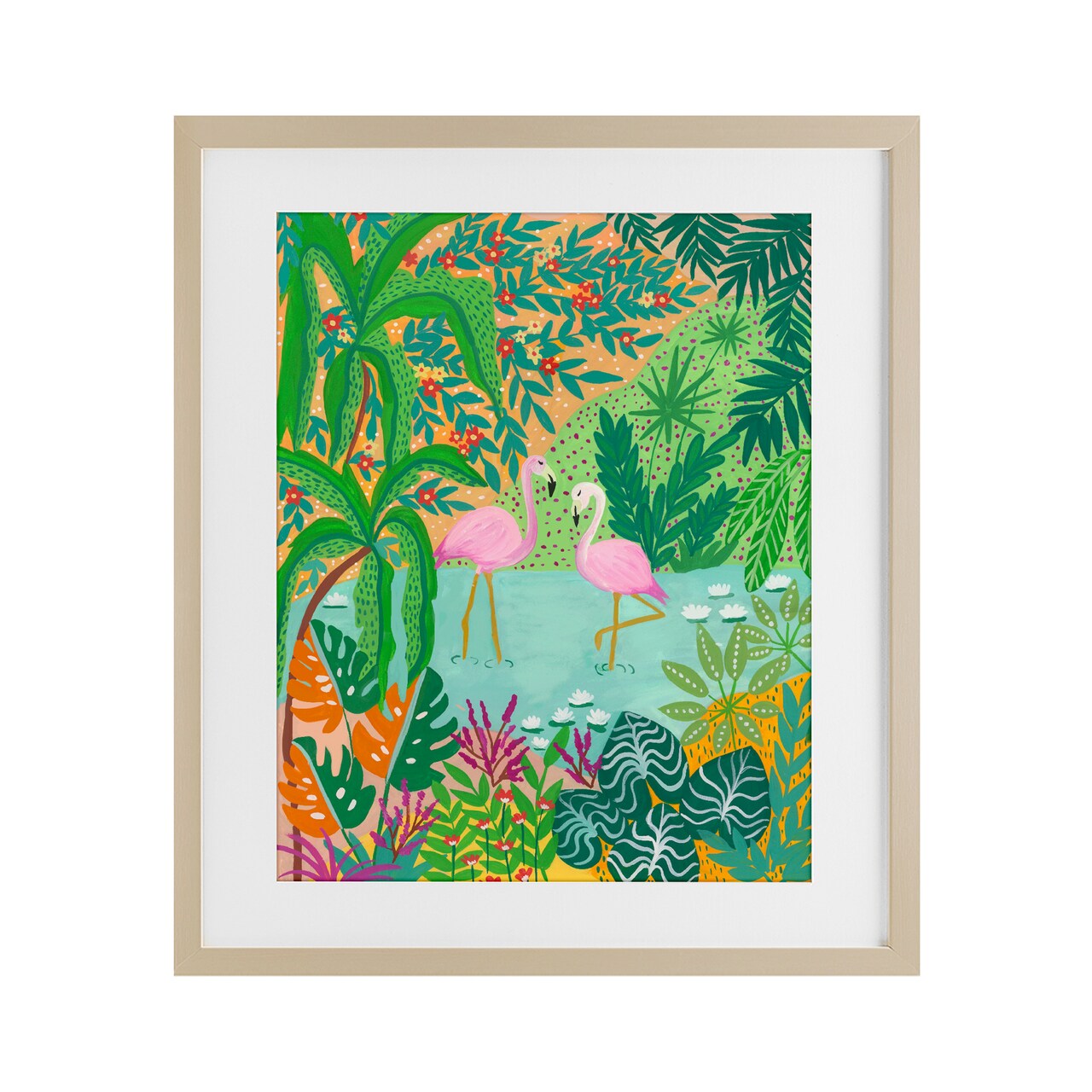 Stupell Industries Flamingos in Dotted Pond Framed Print Under Glass, design by Nabeela Rumi
